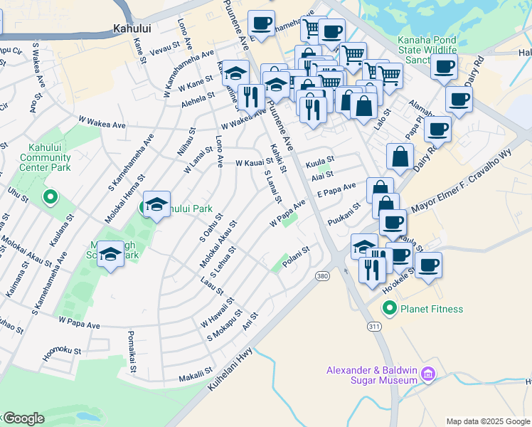 map of restaurants, bars, coffee shops, grocery stores, and more near 113 South Lehua Street in Kahului