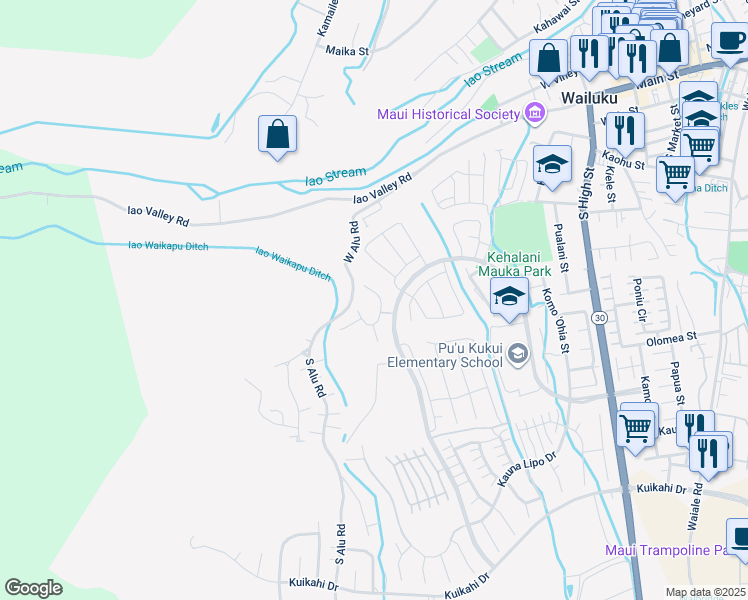map of restaurants, bars, coffee shops, grocery stores, and more near 66 North Laikeha Place in Wailuku