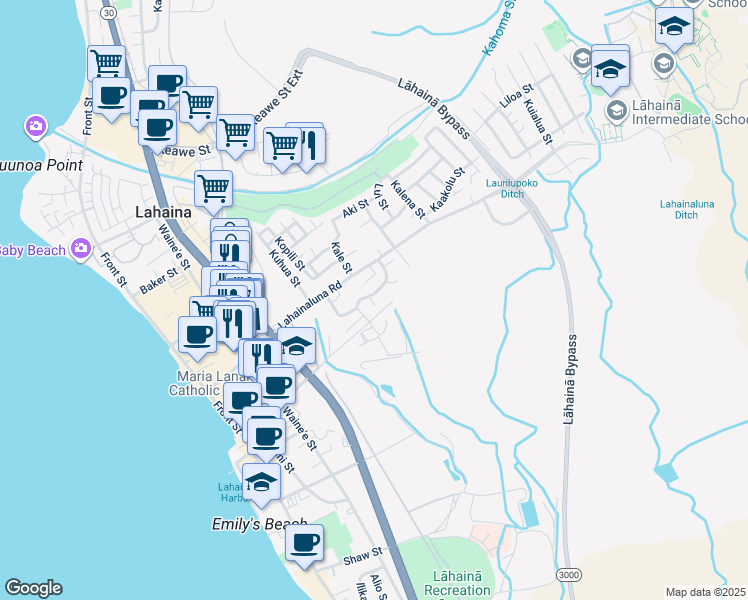 map of restaurants, bars, coffee shops, grocery stores, and more near 766 Paunau Street in Lahaina