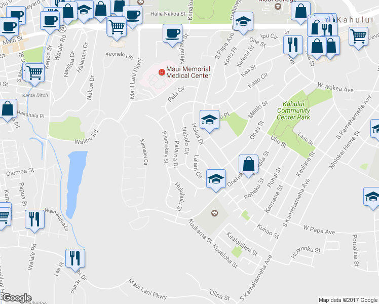 map of restaurants, bars, coffee shops, grocery stores, and more near 381 Naholo Circle in Kahului
