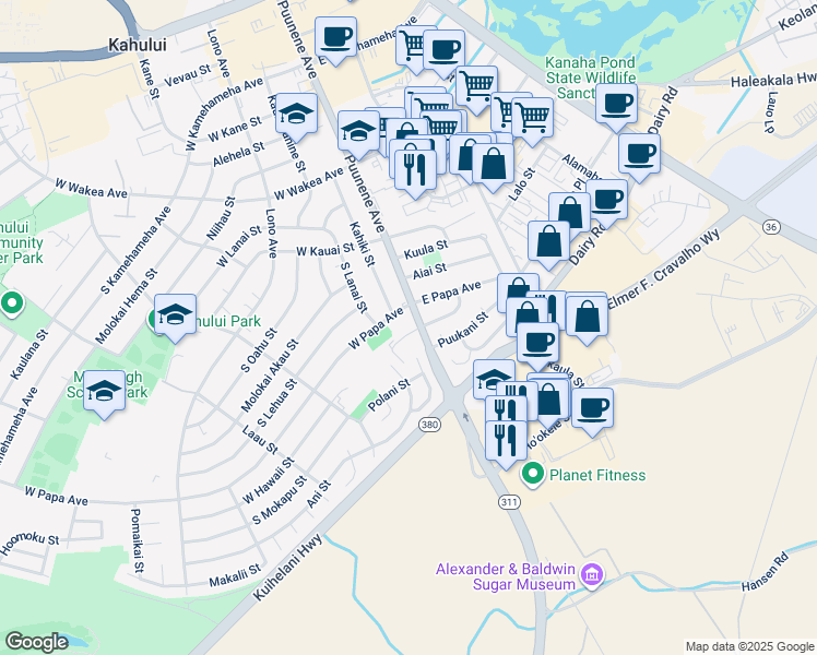 map of restaurants, bars, coffee shops, grocery stores, and more near 19 West Hawaii Street in Kahului