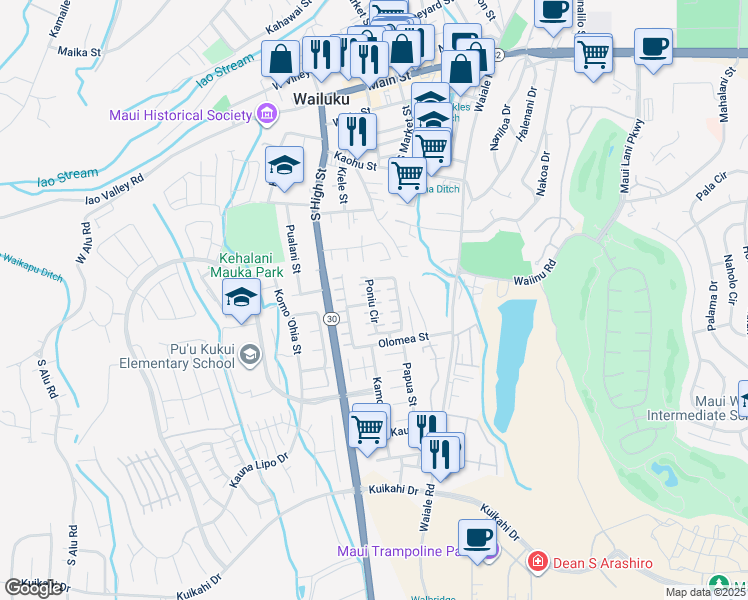map of restaurants, bars, coffee shops, grocery stores, and more near 64 Poniu Circle in Wailuku