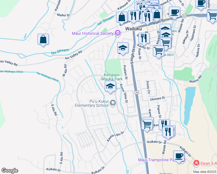 map of restaurants, bars, coffee shops, grocery stores, and more near 211 Hooulu Lane in Wailuku