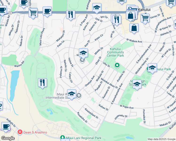 map of restaurants, bars, coffee shops, grocery stores, and more near 357 Ohaa Street in Kahului