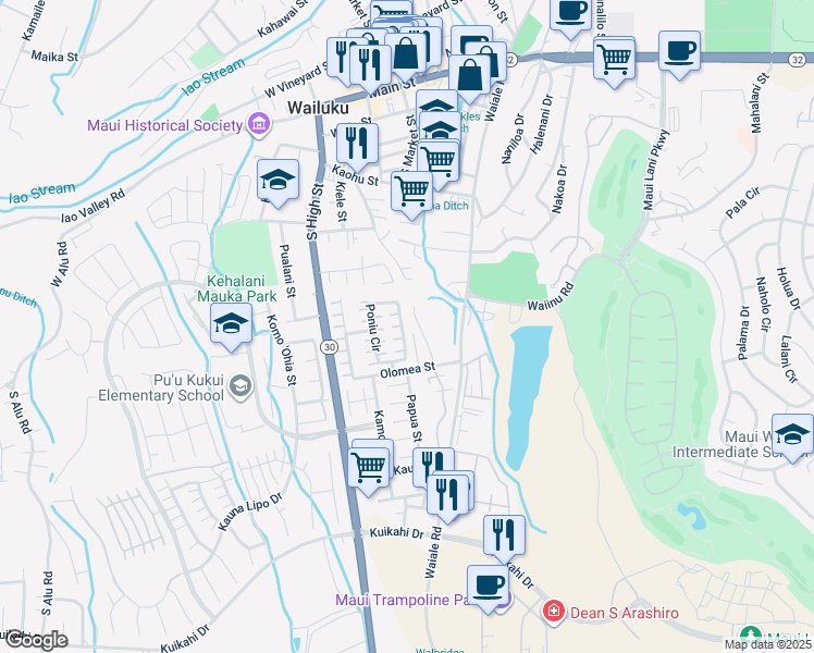 map of restaurants, bars, coffee shops, grocery stores, and more near 165 Poniu Circle in Wailuku