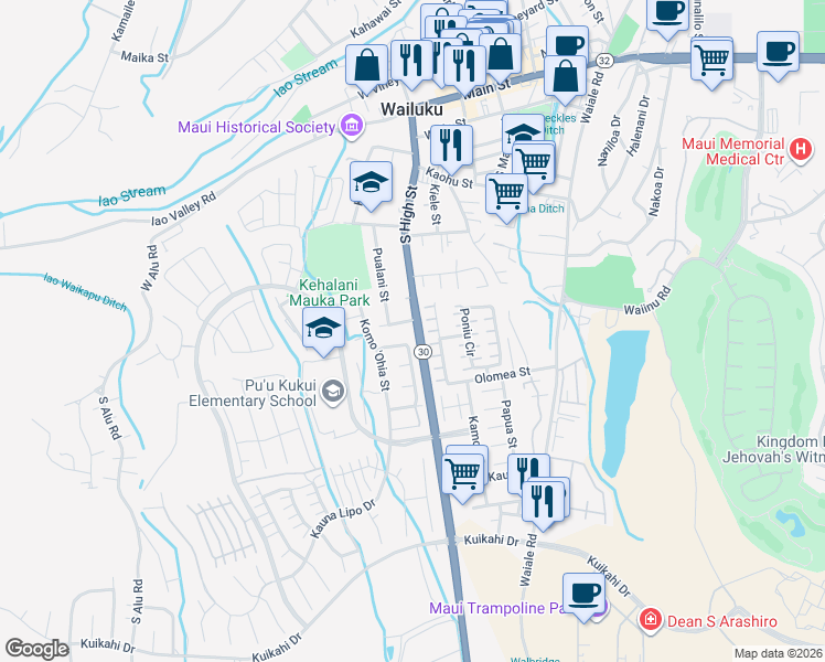 map of restaurants, bars, coffee shops, grocery stores, and more near 549 Hawaii 30 in Wailuku