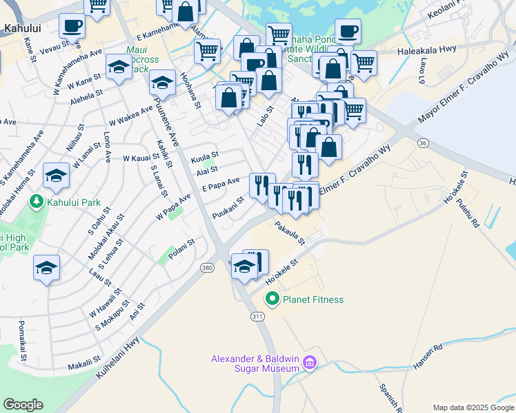 map of restaurants, bars, coffee shops, grocery stores, and more near 110 Aoloa Loop in Kahului