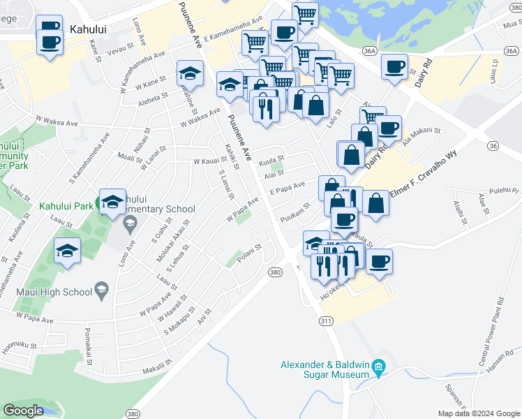 map of restaurants, bars, coffee shops, grocery stores, and more near 16 West Hawaii Street in Kahului