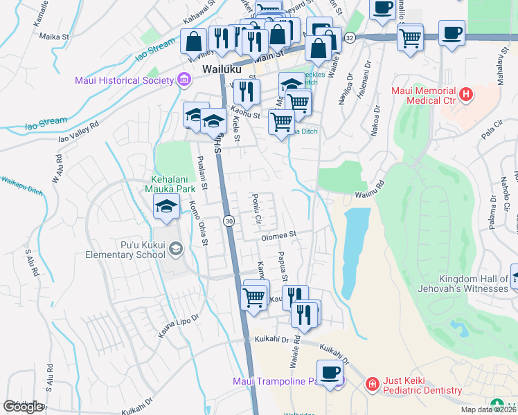 map of restaurants, bars, coffee shops, grocery stores, and more near 64 Poniu Circle in Wailuku