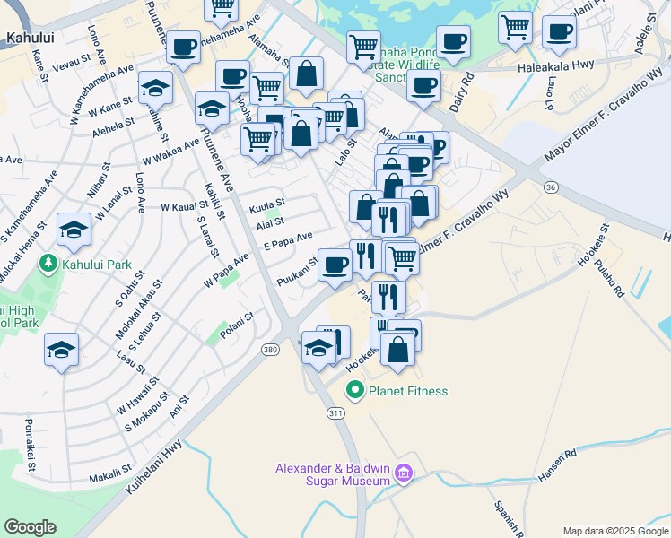 map of restaurants, bars, coffee shops, grocery stores, and more near 110 Aoloa Loop in Kahului