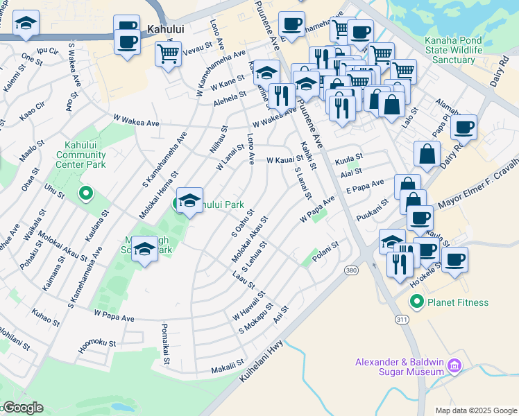 map of restaurants, bars, coffee shops, grocery stores, and more near 445 South Oahu Street in Kahului