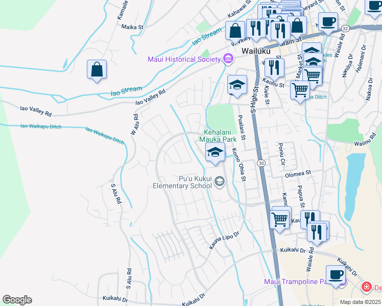 map of restaurants, bars, coffee shops, grocery stores, and more near 55 Ka ʻIkena Loop in Wailuku