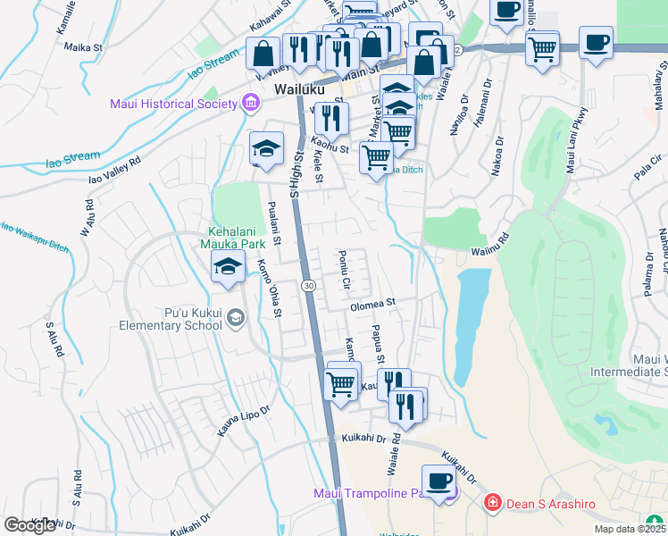 map of restaurants, bars, coffee shops, grocery stores, and more near 71 Poniu Circle in Wailuku