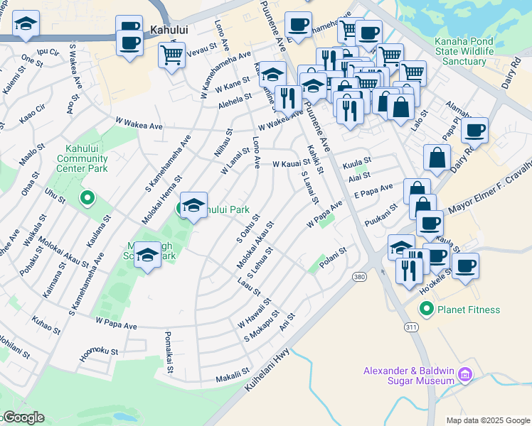 map of restaurants, bars, coffee shops, grocery stores, and more near 445 South Oahu Street in Kahului