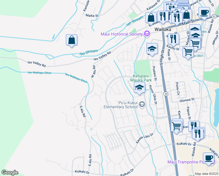 map of restaurants, bars, coffee shops, grocery stores, and more near 50 la iki street in Wailuku