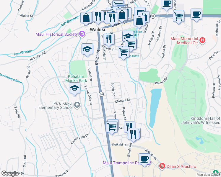 map of restaurants, bars, coffee shops, grocery stores, and more near 71 Poniu Circle in Wailuku