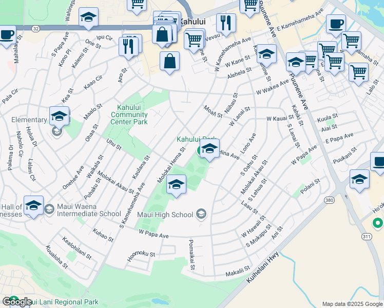 map of restaurants, bars, coffee shops, grocery stores, and more near 362 Niihau Street in Kahului