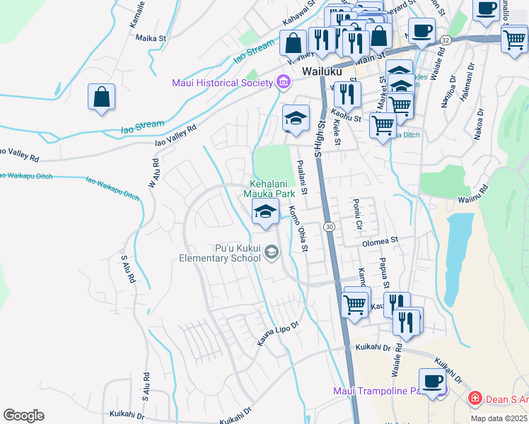 map of restaurants, bars, coffee shops, grocery stores, and more near 210 Hooulu Lane in Wailuku