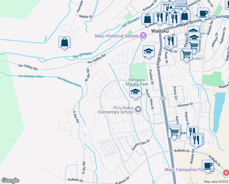 map of restaurants, bars, coffee shops, grocery stores, and more near 120 Lili Lehua Street in Wailuku