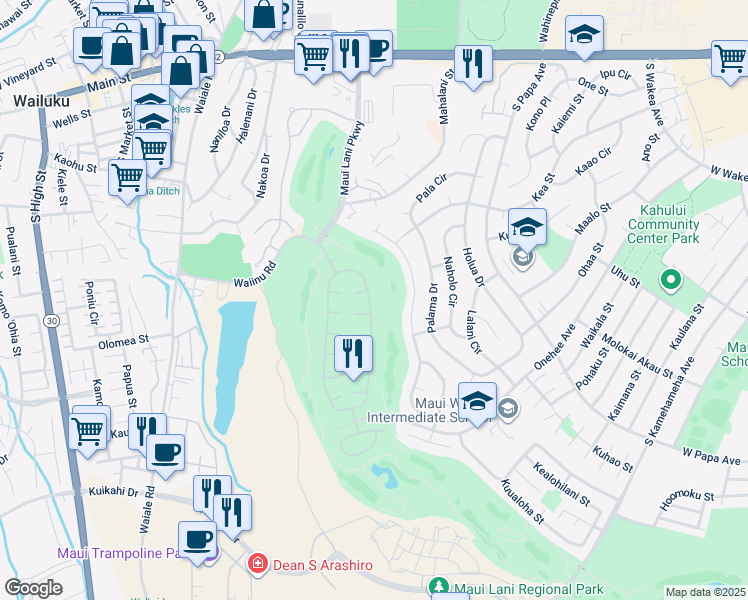 map of restaurants, bars, coffee shops, grocery stores, and more near 81 Kamalei Circle in Kahului