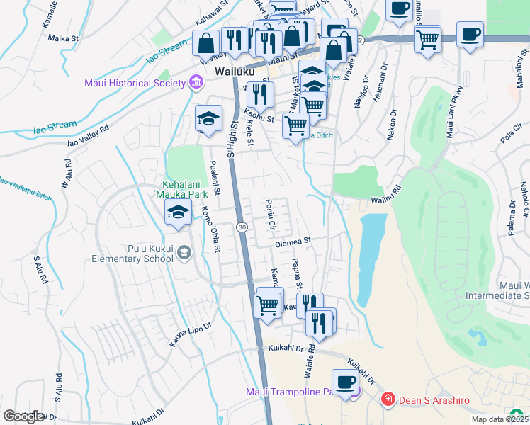 map of restaurants, bars, coffee shops, grocery stores, and more near 69 Poniu Circle in Wailuku