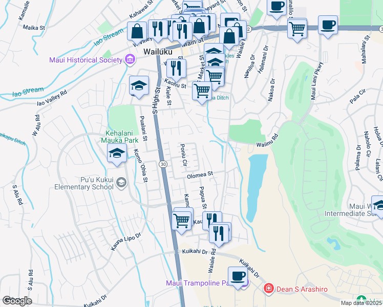 map of restaurants, bars, coffee shops, grocery stores, and more near 162 Poniu Circle in Wailuku
