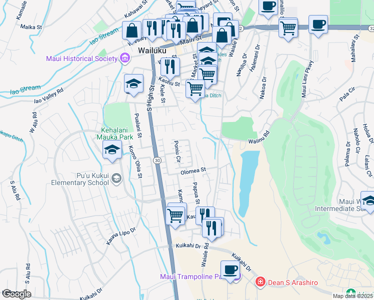 map of restaurants, bars, coffee shops, grocery stores, and more near 160 Poniu Circle in Wailuku