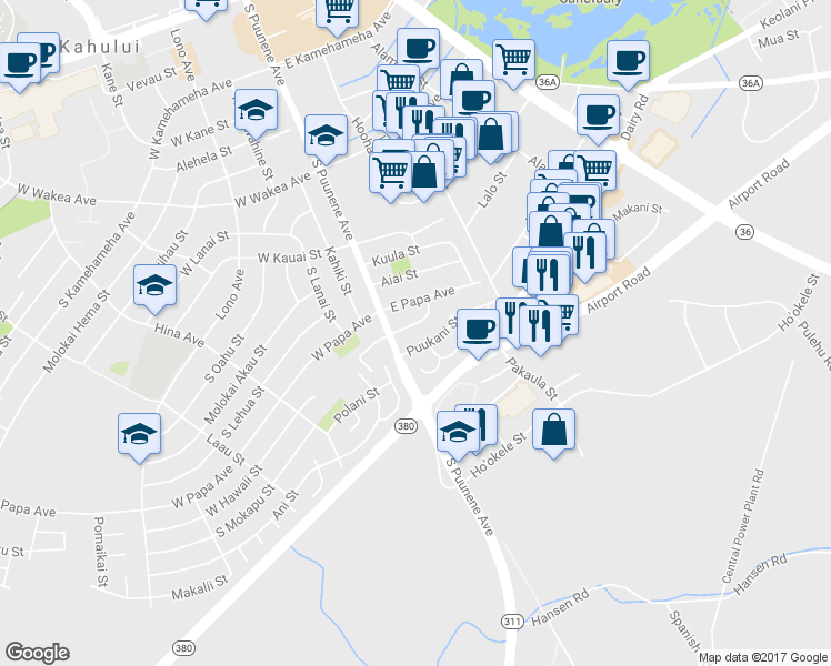 map of restaurants, bars, coffee shops, grocery stores, and more near 30 East Hawaii Street in Kahului
