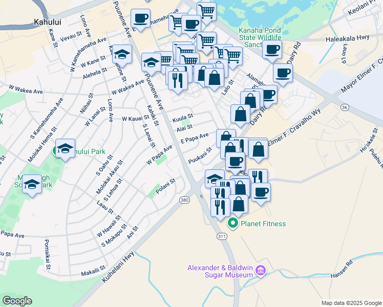 map of restaurants, bars, coffee shops, grocery stores, and more near 30 East Hawaii Street in Kahului