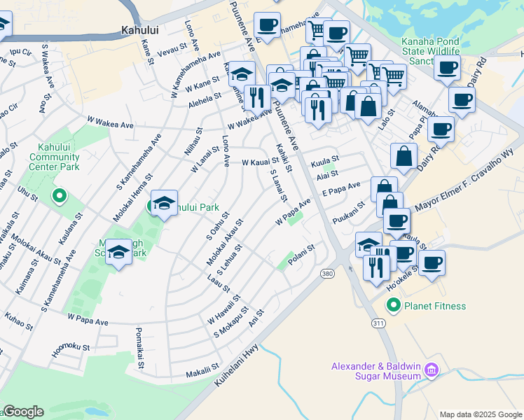 map of restaurants, bars, coffee shops, grocery stores, and more near 108 Lili Lehua Street in Wailuku