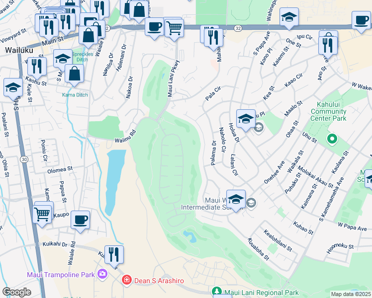 map of restaurants, bars, coffee shops, grocery stores, and more near 81 Kamalei Circle in Kahului