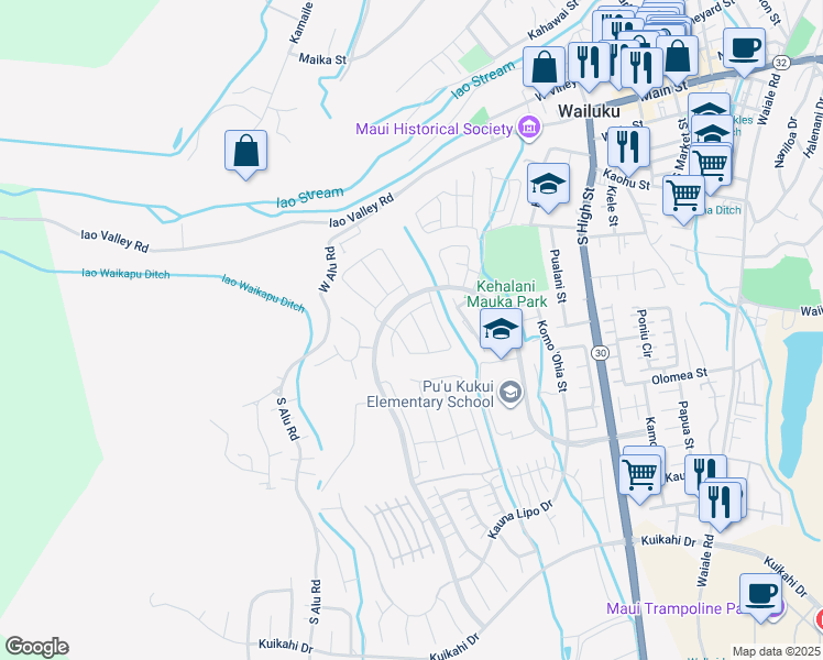 map of restaurants, bars, coffee shops, grocery stores, and more near 125 Lili Lehua Street in Wailuku