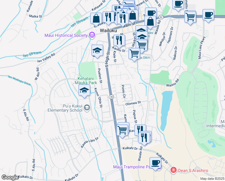 map of restaurants, bars, coffee shops, grocery stores, and more near 554 Akolea Place in Wailuku