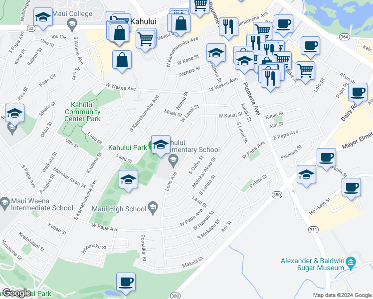 map of restaurants, bars, coffee shops, grocery stores, and more near 449 Hina Avenue in Kahului