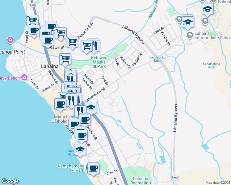 map of restaurants, bars, coffee shops, grocery stores, and more near 768 Paunau Street in Lahaina