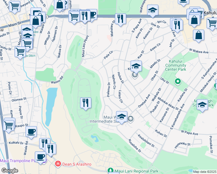 map of restaurants, bars, coffee shops, grocery stores, and more near 366 Palama Drive in Kahului