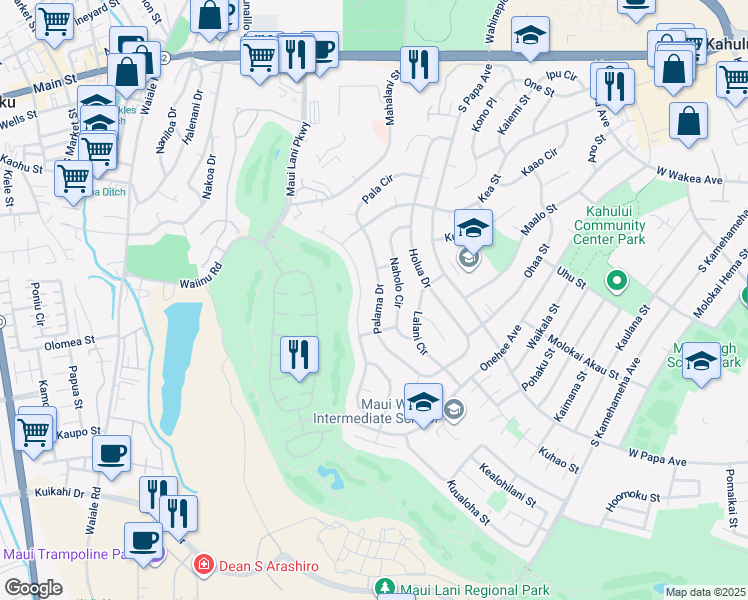 map of restaurants, bars, coffee shops, grocery stores, and more near 366 Palama Drive in Kahului