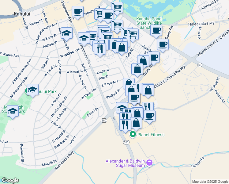map of restaurants, bars, coffee shops, grocery stores, and more near 71 Puukani Street in Kahului