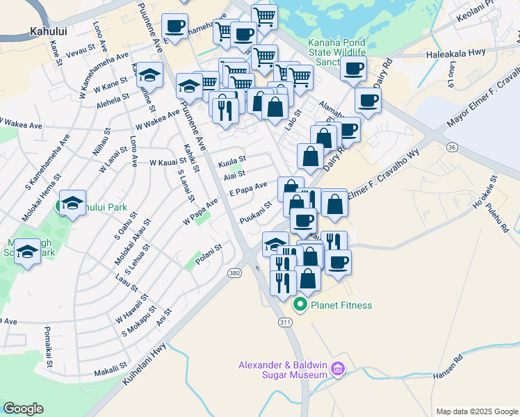 map of restaurants, bars, coffee shops, grocery stores, and more near 71 Puukani Street in Kahului