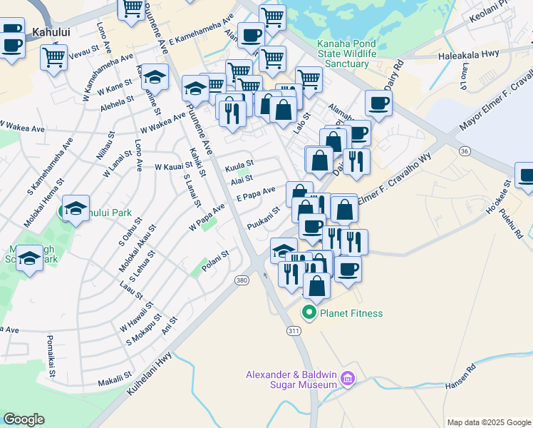 map of restaurants, bars, coffee shops, grocery stores, and more near 71 Puukani Street in Kahului