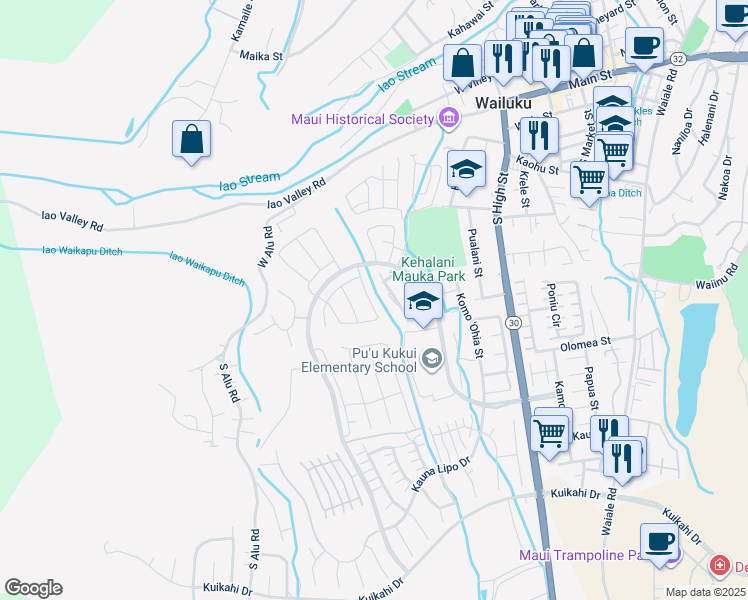 map of restaurants, bars, coffee shops, grocery stores, and more near 51 Ka ʻIkena Loop in Wailuku