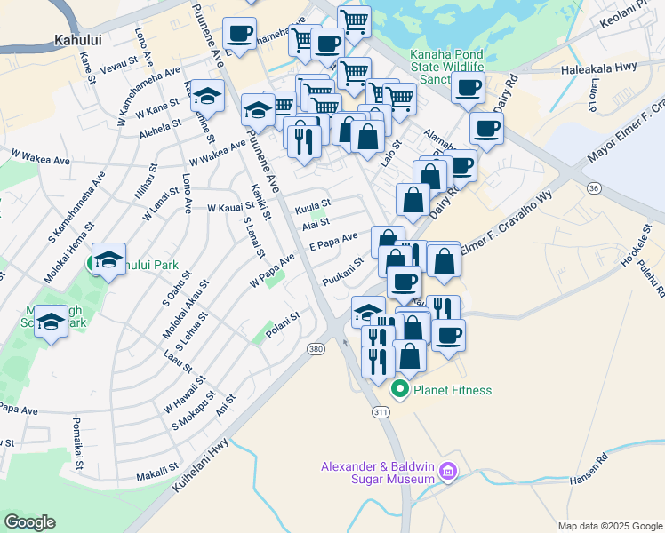 map of restaurants, bars, coffee shops, grocery stores, and more near 38 East Hawaii Street in Kahului