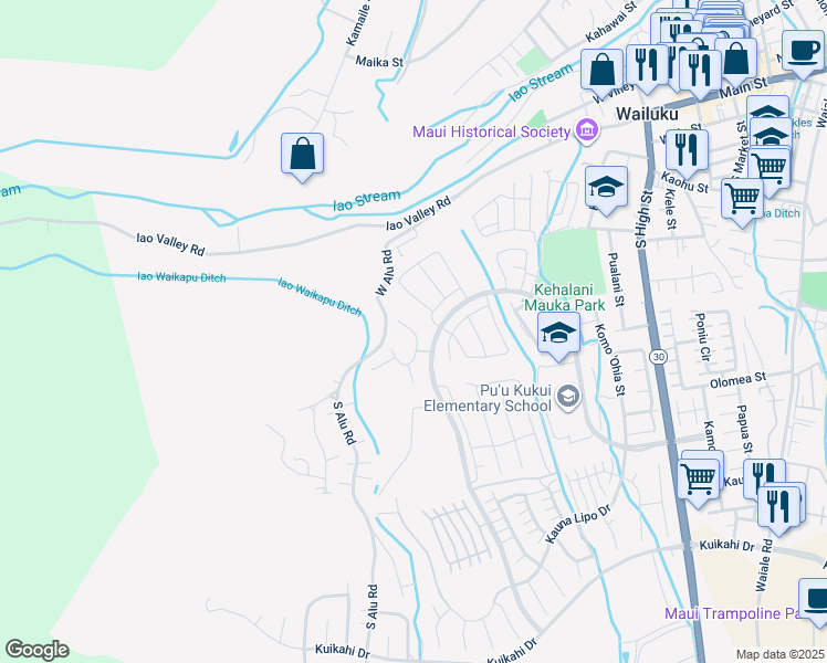 map of restaurants, bars, coffee shops, grocery stores, and more near North Laikeha Place in Wailuku