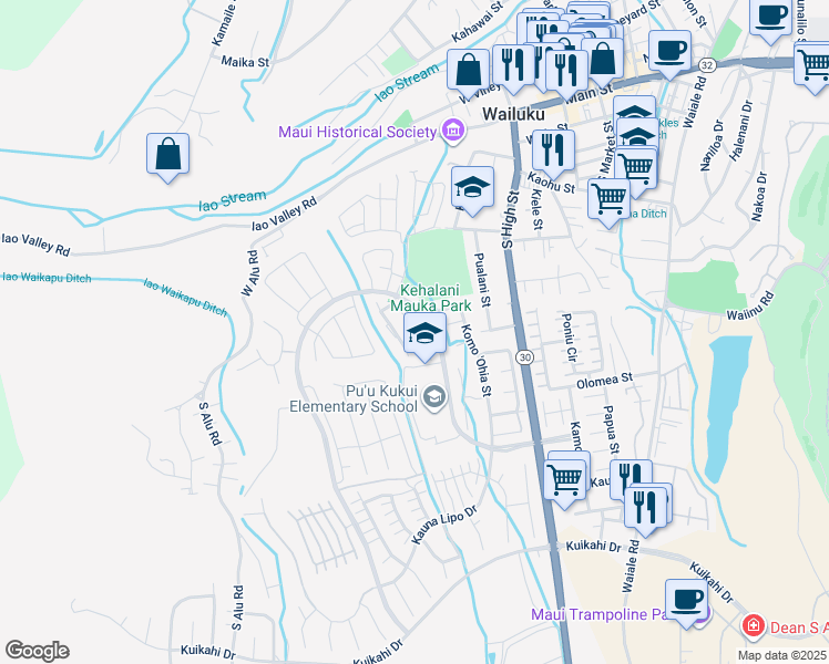 map of restaurants, bars, coffee shops, grocery stores, and more near 213 Hooulu Lane in Wailuku