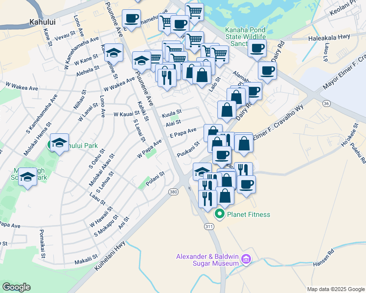 map of restaurants, bars, coffee shops, grocery stores, and more near 38 East Hawaii Street in Kahului