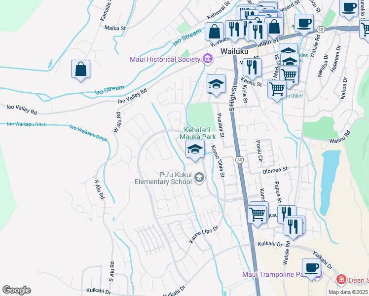 map of restaurants, bars, coffee shops, grocery stores, and more near 132 Hoowaiwai Loop in Wailuku