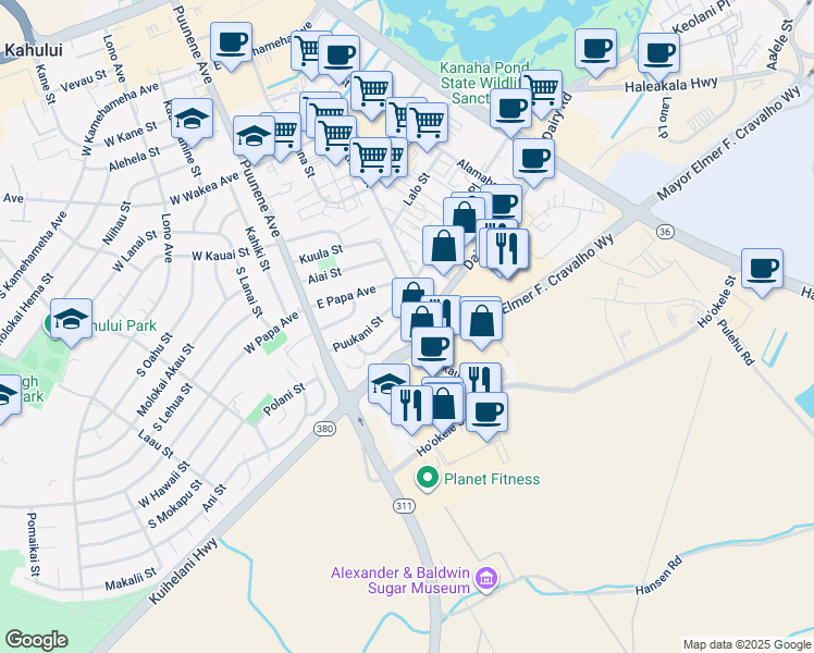 map of restaurants, bars, coffee shops, grocery stores, and more near 116 Aoloa Loop in Kahului