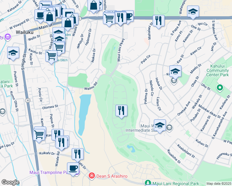 map of restaurants, bars, coffee shops, grocery stores, and more near 24 Meleinoa Place in Kahului