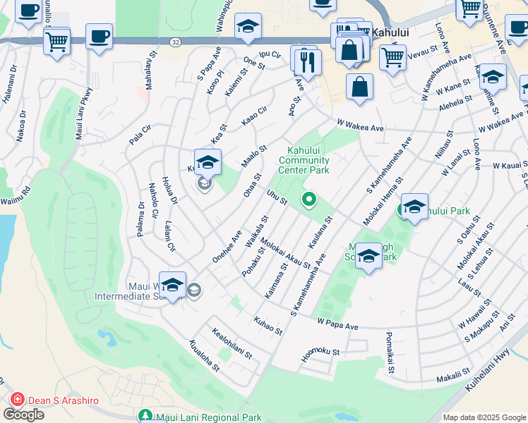 map of restaurants, bars, coffee shops, grocery stores, and more near 526 Waikala Street in Kahului
