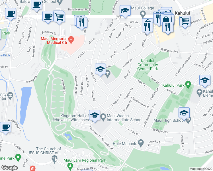 map of restaurants, bars, coffee shops, grocery stores, and more near South Papa Avenue in Kahului